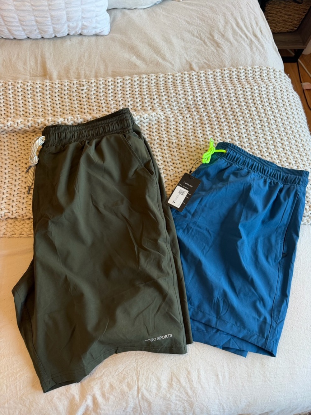 Two Athletic Swim/Workout Shorts - Olive Green & Teal Blue